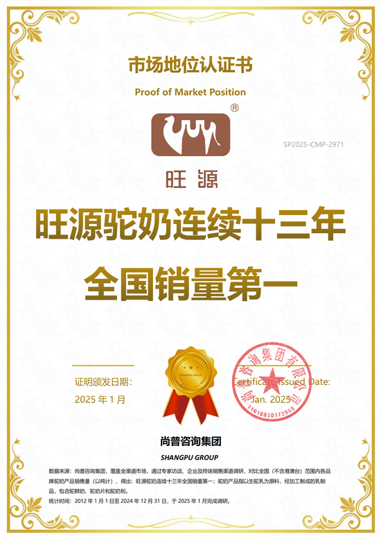 “旺源驼奶连续十三年全国销量第一”获权威认证